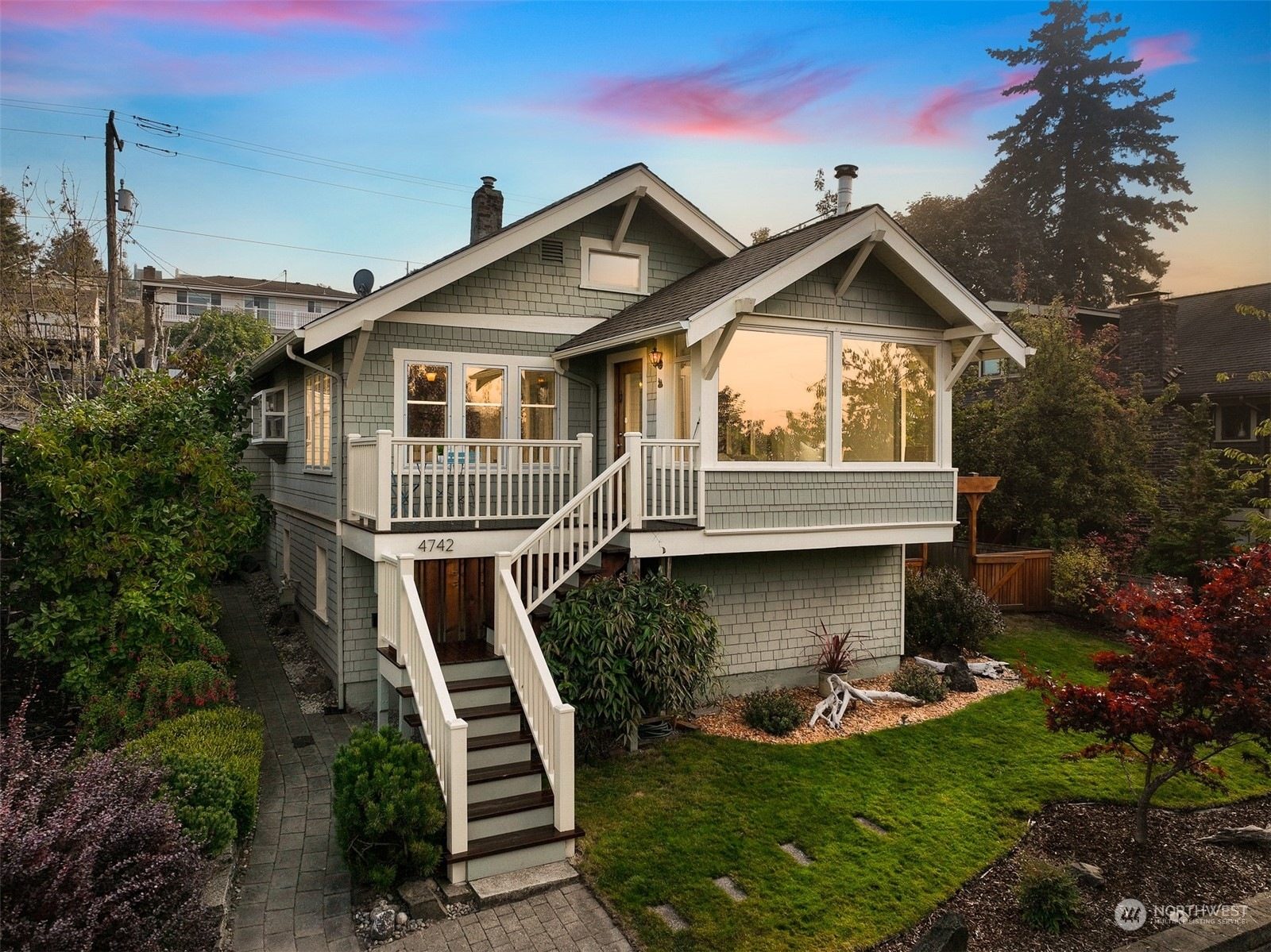 Craftsman home at sunset in Seaview